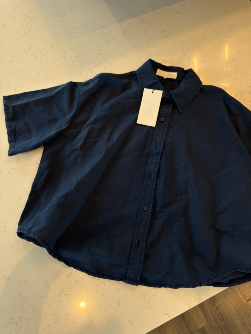 Zara Men's Dark Navy Short-Sleeve Button-Down Shirt